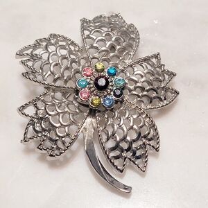 Brooch Filigree Open Work Flower Silver Tone Multi-Color Glass Vintage 2.5 In H